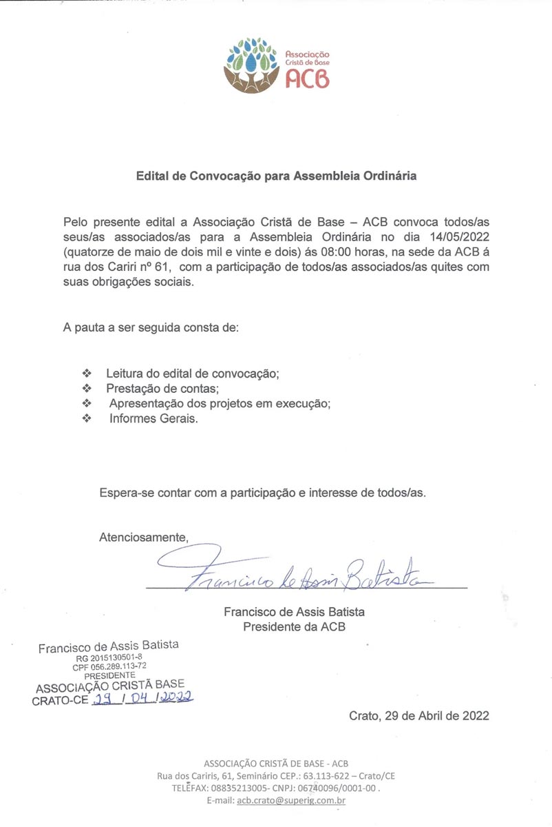 Edital de convocação para Assembleia Ordinária - ACB